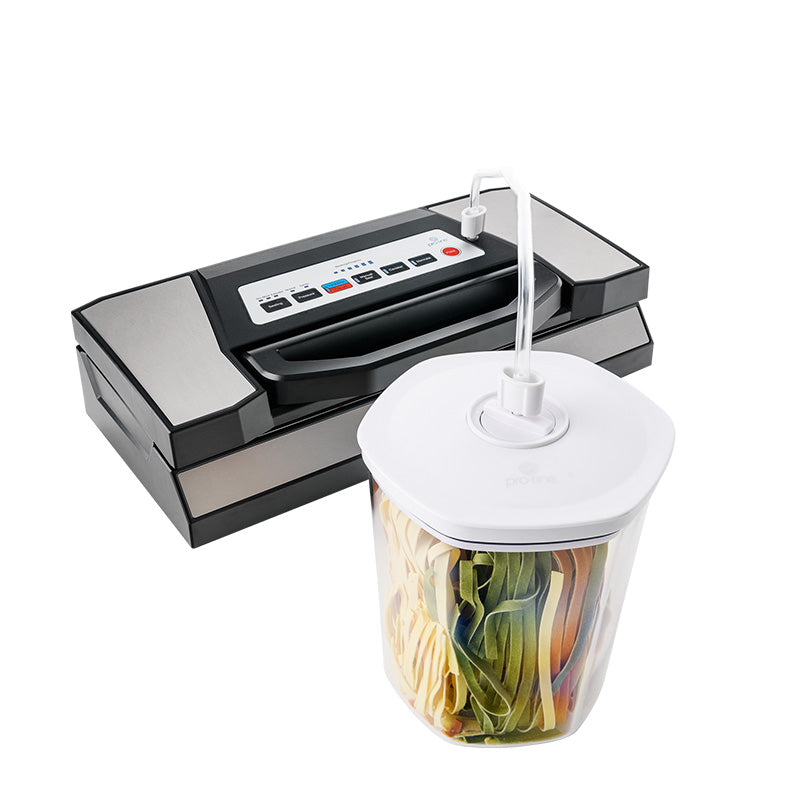 Pro-line VS-C3 Vacuum Sealer Lid Closed with Canister Pasta Front Angle View