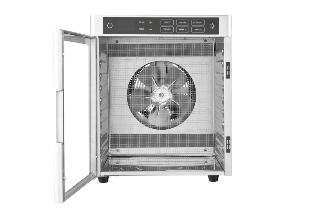 Dalle 10 tray dehydrator with door open showing trays