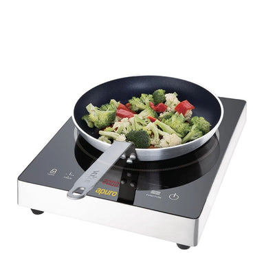 Apuro 3kW Touch Control Single Induction Hob Front Angled View with Food