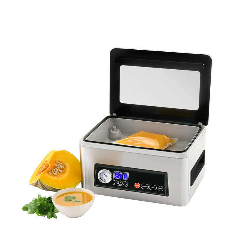 Pro-line VS-D4 Chamber Vacuum Sealer with Pumpkin Lid Open Side Angle View